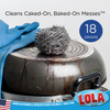Cleans caked-on, baked-on messes infographic with stainless steel scourer on dirty pot and 18 Grams callout badge