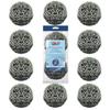 Lola Stainless Steel Scourers 12-pack, silver wire mesh scrubbing balls in retail packaging; 2-pack shown, will not rust text