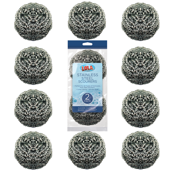 Lola Stainless Steel Scourers 12-pack, silver wire mesh scrubbing balls in retail packaging; 2-pack shown, will not rust text