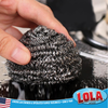 Close-up of a hand holding a stainless steel scourer scrubbing a wet surface; American owned family business since 1969