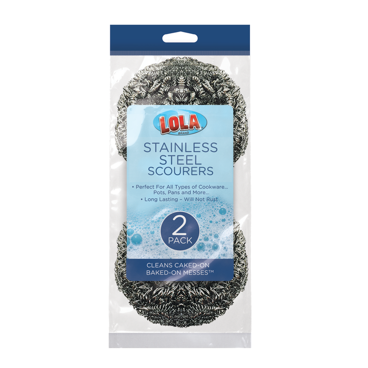 Lola Stainless Steel Scourers 2-pack package for all cookware, pots and pans, long lasting and will not rust