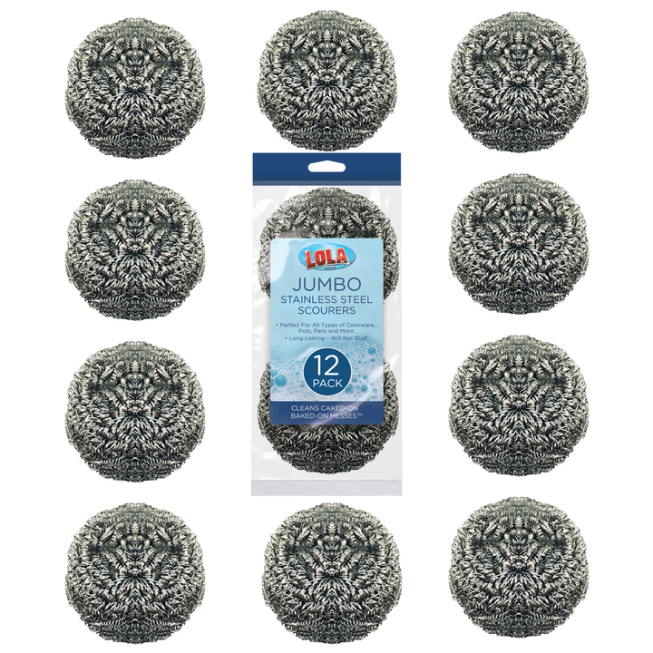 Lola Jumbo Stainless Steel Scourers 12-pack retail packaging; for cookware, pots and pans; will not rust, cleans caked-on messes