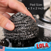 Hand holding jumbo stainless steel scourer pad, 3 x 3 x 2 inches, kitchen metal cleaning scrubber