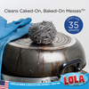 Infographic: cleans caked-on, baked-on messes; Jumbo 35 g stainless steel scourer on dirty kettle lid with gloved hand