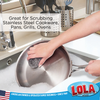 Stainless steel scourer scrubbing stainless steel pan at sink, great for cookware, pans, grills and ovens