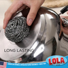 Long lasting stainless steel scourer scrubbing a shiny steel bowl for kitchen cleaning and cookware washing