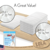 Infographic: 1 roll = 27 sq ft; 6 rolls = 162 sq ft; six folded Lola cheesecloth rolls on wood surface with retail package