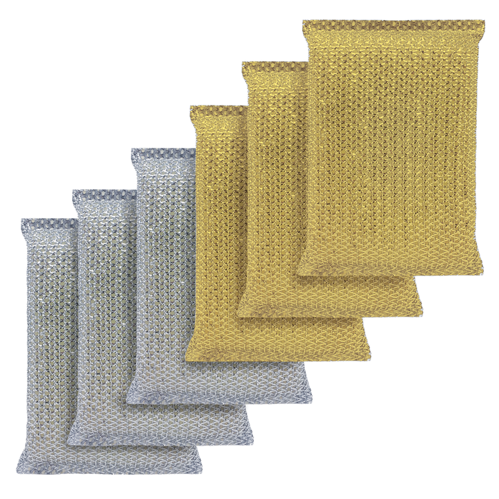 Lola Wonder Scourers in silver and gold, set of 6 flat rectangular scourers with knitted polypropylene mesh exterior