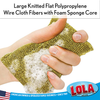 Hand squeezing gold Wonder Scourer with large knitted flat polypropylene wire cloth fibers and foam sponge core