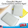 Silver and gold Wonder Scourers on countertop, reusable cleaning scourers used over and over again