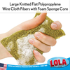 Hand squeezing Wonder Scourer, showing large knitted flat polypropylene wire cloth fibers and foam sponge core