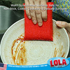 Lola Scruffy Scourer cleaning a white ceramic bowl; won’t scratch most surfaces, safe for non-stick, coated cookware and delicate surfaces