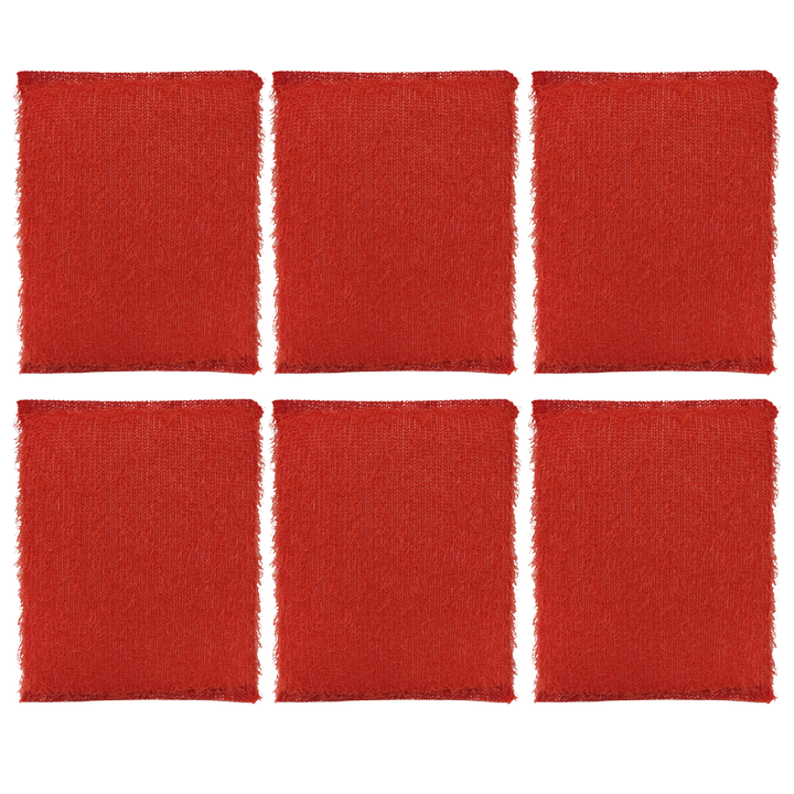 Six Lola Scruffy non-scratch jumbo scouring pads in two rows of three, square red polypropylene wire cloth