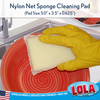 Nylon net sponge cleaning pad, 5.0 x 3.5 x 0.625 inches, scrubbing a plate with gloved hands