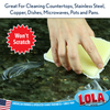 Won't scratch badge: great for cleaning countertops, stainless steel, copper, dishes, microwaves, pots and pans