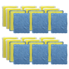 Flat lay of 24-pack Lola Scrub N Wipe cleaning pads with yellow nylon-net sponge pads and blue microfiber cloths in two rows