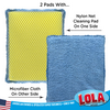 Two cleaning pads: yellow sponge with nylon net on one side, blue microfiber cloth on other; American owned since 1969