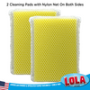 Two yellow nylon net cleaning pads stacked; text notes 2 pads with nylon net on both sides, American owned family business since 1969