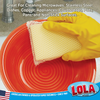 Gloved hand uses nylon net scrub pad on red plate; text lists microwaves, stainless steel, dishes, pots, pans, American owned since 1969