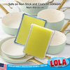 Dual-type pad set on light green ceramic cookware; text: safe on non-stick/coated cookware, non-abrasive, US family business since 1969