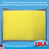 1 Lola 2-Way Cleaning Pad with nylon/polyester net on one side, microfiber terry sponge on other; yellow sponge under white mesh