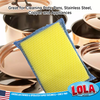 Lola cleaning pad with yellow scrubbing surface cleaning copper cookware, pots, pans, stainless steel, and appliances