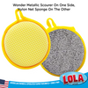 Two Round N Round Wonder Scourers showing yellow nylon net sponge side and silver metallic wire scourer side with feature callouts