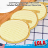 Three Round N Round Wonder Scourers on plaid textile showing nylon net sponge side, dual-purpose with hang hole, American owned since 1969