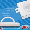 Infographic: convenient hang hole and ergonomic arch grip handle close-up side view with hang hole tab