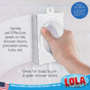 Non-scratch light duty scrubber infographic, hand on tile wall; gentle on glass shower doors, porcelain sinks, tubs and soap scum