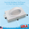Infographic with dimensions: 6" x 3.5" x 1"; The Only Scrubber You'll Need to Clean Your Entire Bath scrubber on light blue tile