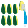 Lola Sudser Scour-n-Sponge dishwashing brush set, blue handle with 6 yellow and green snap-on refill heads