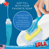 Self-dispensing dish brush with liquid soap filling the handle and scrubbing a dish
