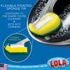 Flexible pointed sponge tip contours to the shape being cleaned and gets into corners, scrubbing a frying pan