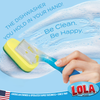 Sudser brush held in hand with suds, “The dishwasher you hold in your hand” and Be Clean Be Happy tagline