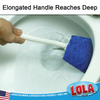 Elongated handle reaches deep, blue scrubbing pad cleaning inside a toilet bowl for thorough bathroom cleaning