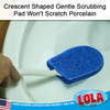 Crescent shaped gentle toilet bowl scrubbing pad won't scratch porcelain, shown inside a toilet bowl