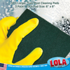 50% larger than most cleaning pads, 3 pack, each pad 6 x 6 inches, yellow gloved hand scrubbing