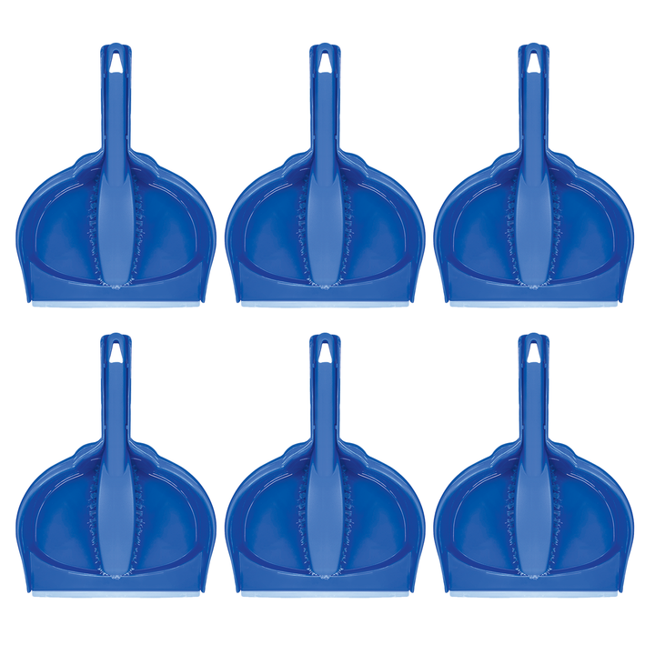 Lola blue plastic dustpans with built-in brush holders, rubber lip, and hang hole, set of 6