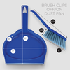 Brush clips on and off dustpan; 9" x 10" dustpan with rubber lip, 10.5" x 6" x 2.25" brush