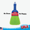 Lola QuickWhisk whisk broom with retail label, blue handle, lime green polyfiber bristles, hang loop, Whisks Away Dirt and Dust