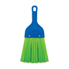Lola Whisk Broom with blue plastic handle, hang hole, embossed Lola logo, and bright green wavy nylon bristles