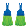 Two-pack of Lola brand flat-head whisk brooms with blue plastic logo handles and bright green wavy nylon bristles, side by side