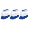 Three Lola Handled Scrubber brushes with white ergonomic iron-handle grips, blue accents, and dense blue poly fiber bristles