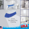 Lola Handled Scrubber on bathroom tile by toilet, with use cases for heavy duty cleaning showers, tiles, grout and bathtubs