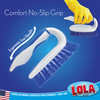 Comfort No-Slip Grip infographic with ergonomic iron handle, two views of blue and white iron-handle scrubber