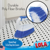 Durable poly fiber bristles and pointed head get deep into corners, cleaning brush scrubbing black and white mosaic tile