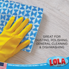Gloved hand wiping floor with blue and white patterned Clean & Wipe cloth; text: dusting, polishing, cleaning, dishwashing
