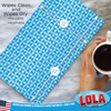 Blue and white diamond-pattern cleaning cloth, 12 by 22 inches, with Wipes Clean/Wipes Dry text, reusable and washable
