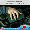 Hand using Lola green scouring pad to scrub stove grate; text: nylon/polyester non woven scrub pad, American family-owned since 1969